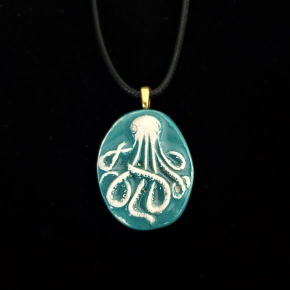 Handmade Ceramic Turquoise Octopus Kraken Pendant Necklace - Picture 7 of 14